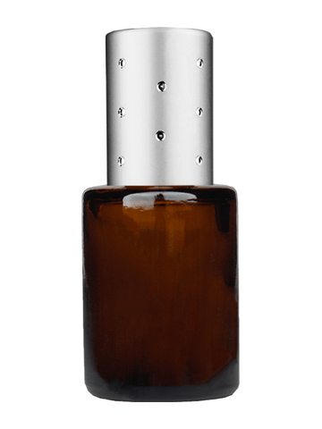 Tulip design 5ml, 1/6 oz Amber glass bottle with plastic roller ball plug and silver cap with dots.