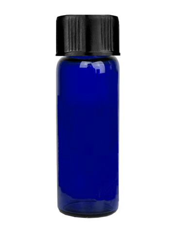 Vial design 1 dram Blue glass vial with black short cap.