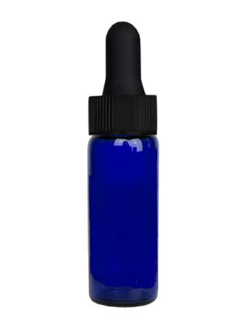 Vial design 1 dram Blue glass vial with black dropper.
