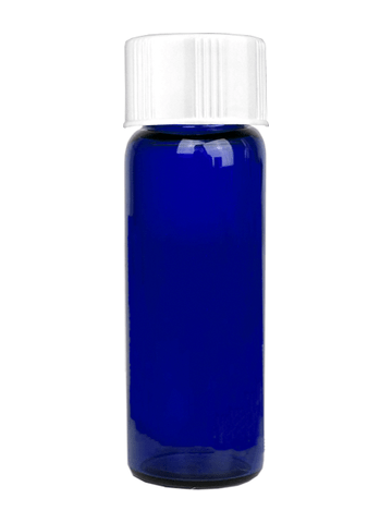 Vial design 1 dram Blue glass vial with white short cap.