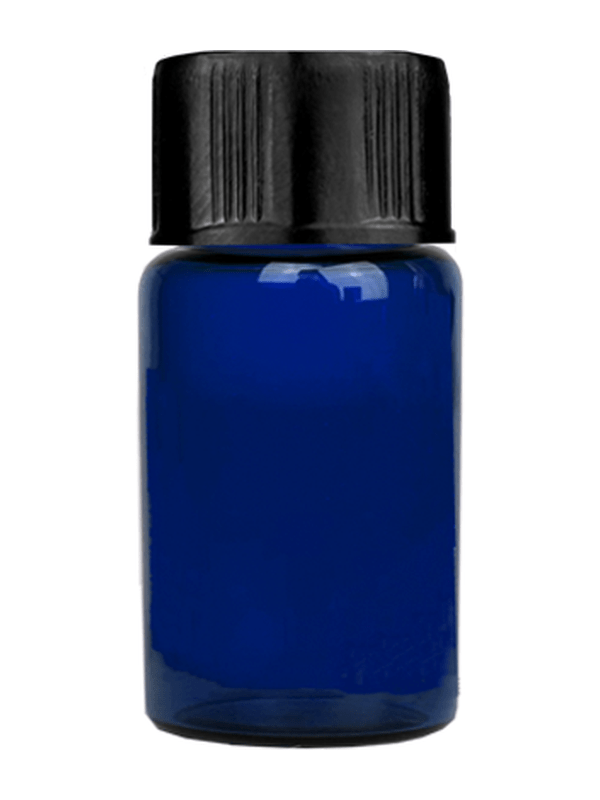 Vial design 5/8 dram Blue glass vial with black short cap.