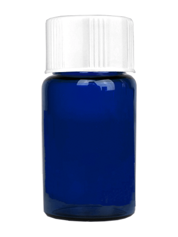 Vial design 5/8 dram Blue glass vial with white short cap.