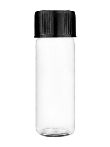 Vial design 2 ml clear glass vial with short black cap.
