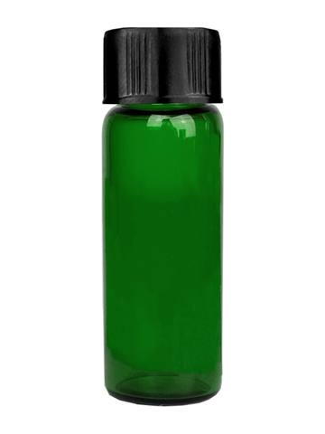 Vial design 1 dram Green glass vial with black short cap.
