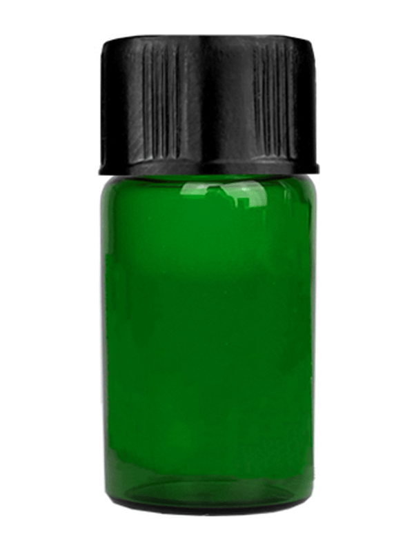 Vial design 5/8 dram Green glass vial with black short cap.