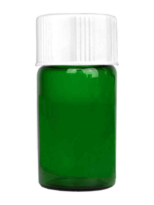 Vial design 5/8 dram Green glass vial with white short cap.