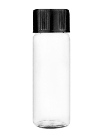 Vial design 1 dram Clear glass vial with black short cap.