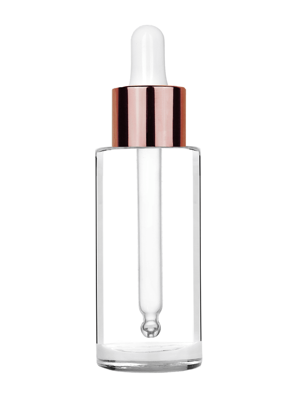 Cylinder design 25 ml  clear glass bottle  with white dropper with matte copper collar cap.