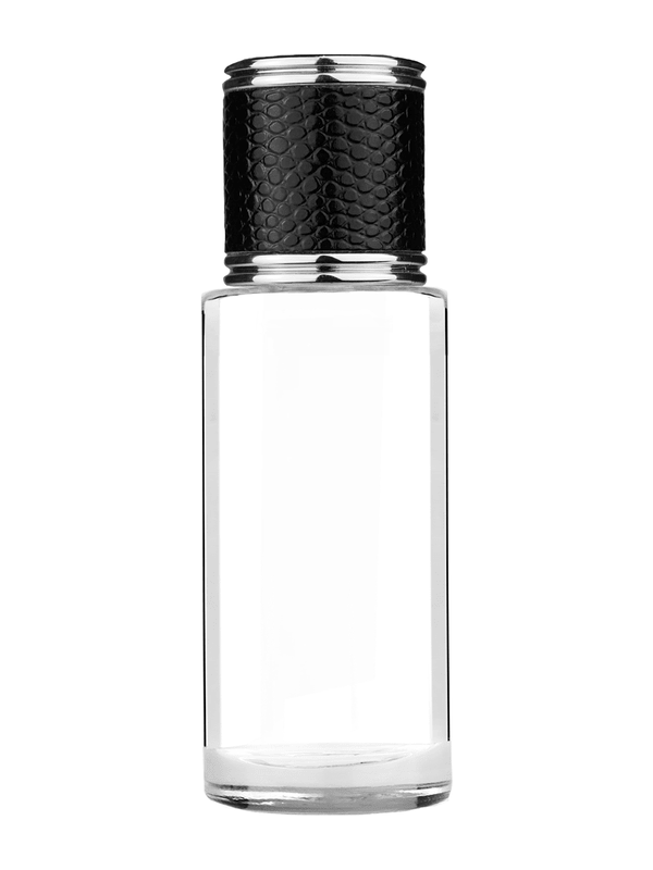 Cylinder design 25 ml clear glass bottle  with reducer and black faux leather cap.