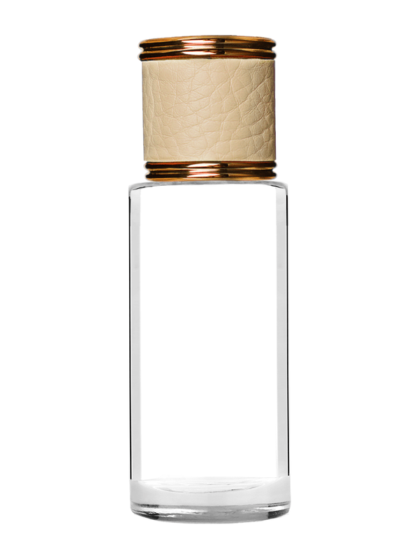 Cylinder design 25 ml  clear glass bottle  with reducer and ivory faux leather cap.
