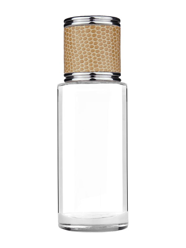 Cylinder design 25 ml  clear glass bottle  with reducer and light brown faux leather cap.