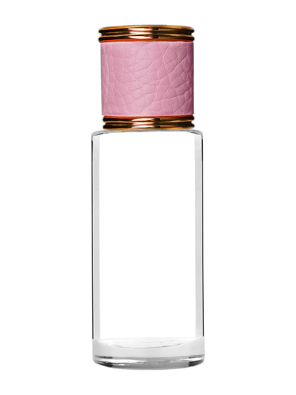 Cylinder design 25 ml  clear glass bottle  with reducer and pink faux leather cap.