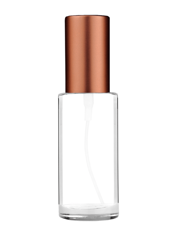 Cylinder design 25 ml  clear glass bottle  with matte copper spray pump.