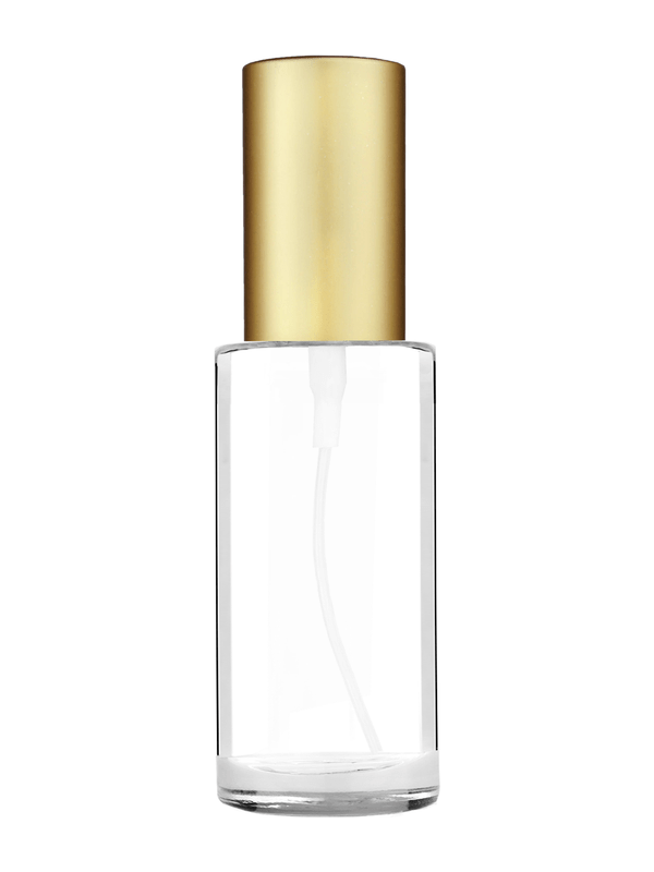 Cylinder design 25 ml  clear glass bottle  with matte gold spray pump.