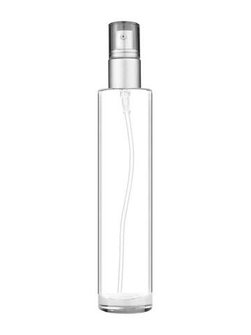 Cylinder design 100 ml, 3 1/2oz  clear glass bottle  with with a matte silver collar treatment pump and clear overcap.