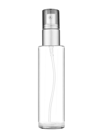 Cylinder design 50 ml, 1.7oz  clear glass bottle  with with a matte silver collar treatment pump and clear overcap.