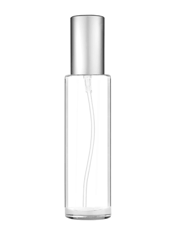 Cylinder design 50 ml, 1.7oz  clear glass bottle  with matte silver lotion pump.