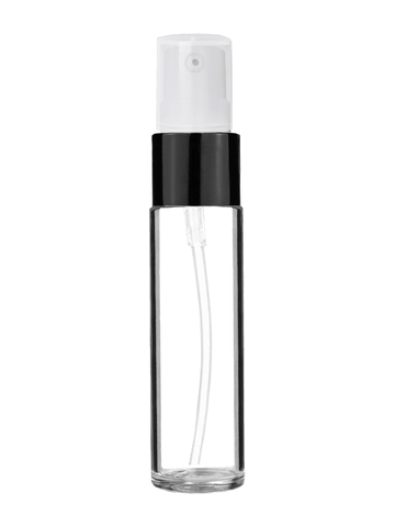 Cylinder design 9ml,1/3 oz clear glass bottle with treatment pump with black trim and plastic overcap.