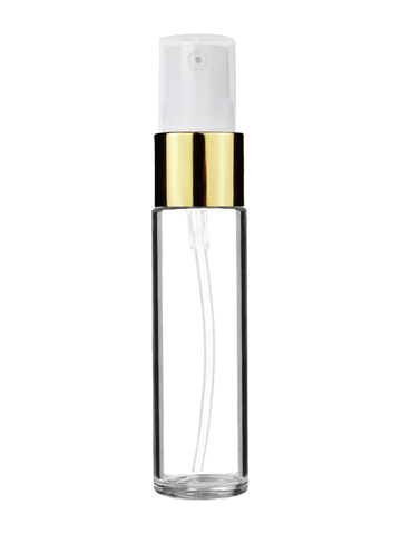 Cylinder design 9ml,1/3 oz clear glass bottle with treatment pump with gold trim and plastic overcap.
