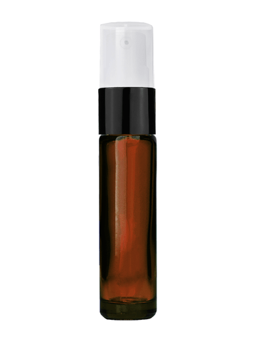 Cylinder design 9ml,1/3 oz amber glass bottle with treatment pump with black trim and plastic overcap.