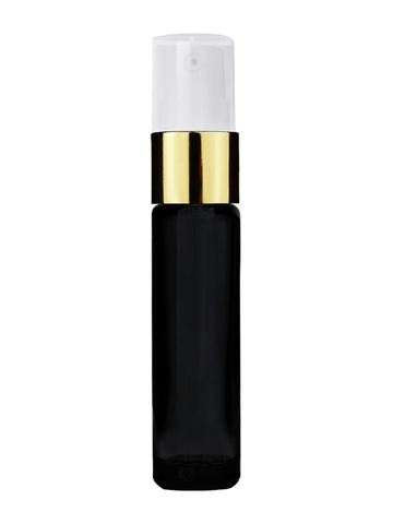 Cylinder design 9ml,1/3 oz black glass bottle with treatment pump with gold trim and plastic overcap.