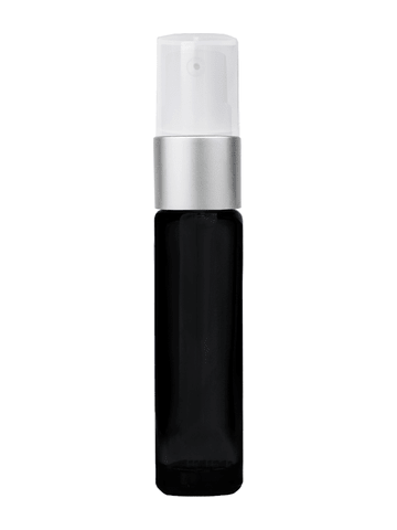 Cylinder design 9ml,1/3 oz black glass bottle with treatment pump with matte silver trim plastic overcap.