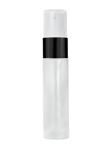 Cylinder design 9ml,1/3 oz frosted glass bottle with treatment pump with black trim and plastic overcap.