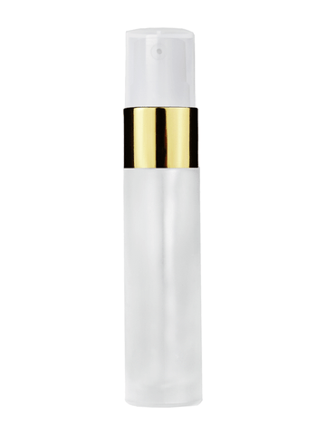 Cylinder design 9ml,1/3 oz frosted glass bottle with treatment pump with gold trim and plastic overcap.
