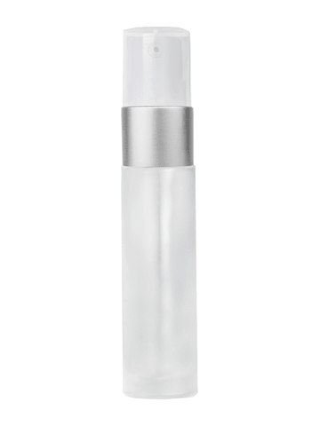 Cylinder design 9ml,1/3 oz frosted glass bottle with treatment pump with matte silver trim plastic overcap.