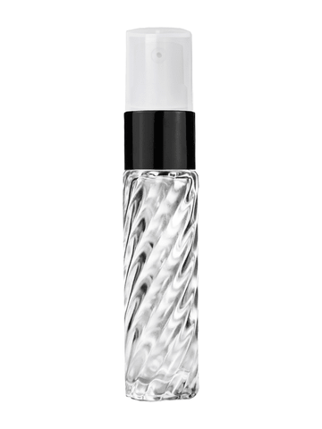 Cylinder swirl design 9ml,1/3 oz glass bottle with treatment pump with black trim and plastic overcap.