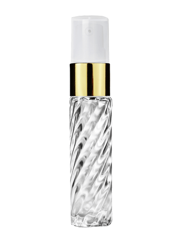 Cylinder swirl design 9ml,1/3 oz glass bottle with treatment pump with gold trim and plastic overcap.