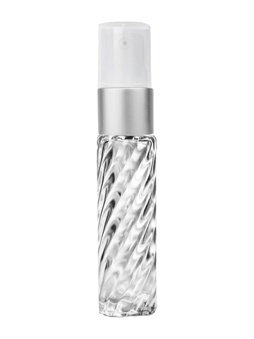 Cylinder swirl design 9ml,1/3 oz glass bottle with treatment pump with matte silver trim plastic overcap.