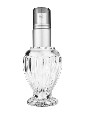 Diva design 46 ml, 1.64oz  clear glass bottle  with with a matte silver collar treatment pump and clear overcap.
