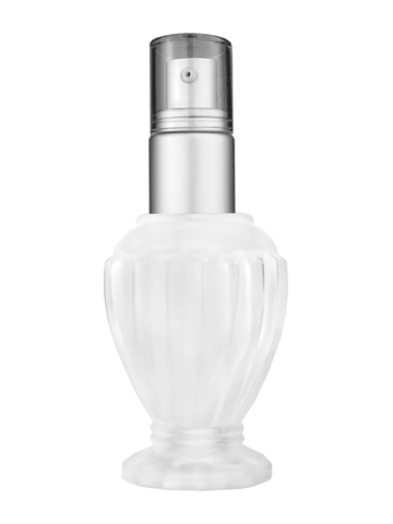 Diva design 46 ml, 1.64oz frosted glass bottle with with a matte silver collar treatment pump and clear overcap.