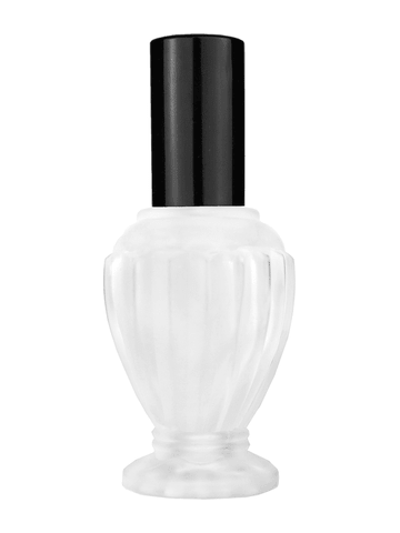 Diva design 46 ml, 1.64oz frosted glass bottle with shiny black lotion pump.