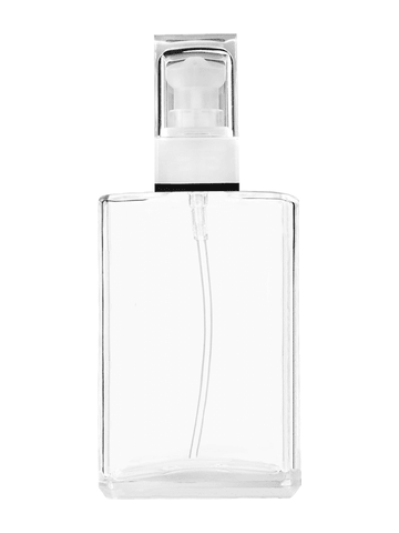 Elegant design 100 ml, 3 1/2oz  clear glass bottle  with white rectangular with clear over the cap.
