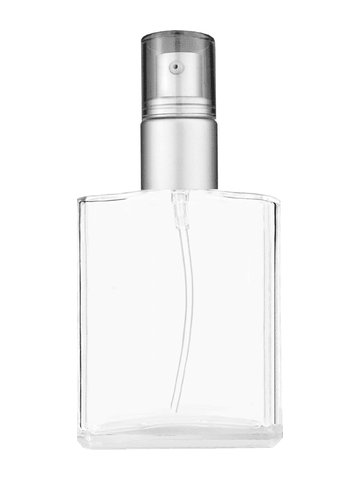 Elegant design 60 ml, 2oz  clear glass bottle  with with a matte silver collar treatment pump and clear overcap.