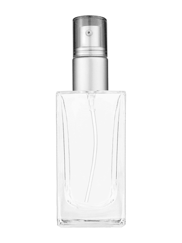 Empire design 100 ml, 3 1/2oz  clear glass bottle  with with a matte silver collar treatment pump and clear overcap.