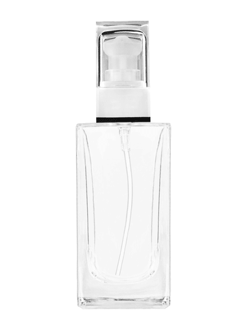 Empire design 100 ml, 3 1/2oz  clear glass bottle  with white rectangular with clear over the cap.