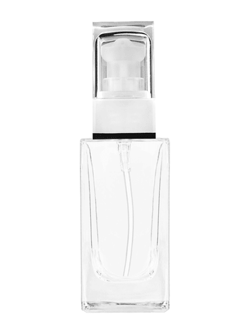 Empire design 50 ml, 1.7oz  clear glass bottle  with white rectangular and clear over the cap.