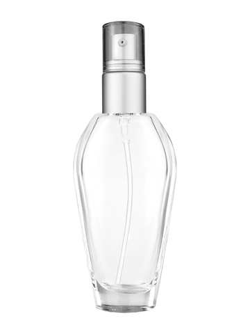 Grace design 55 ml, 1.85oz  clear glass bottle  with with a matte silver collar treatment pump and clear overcap.