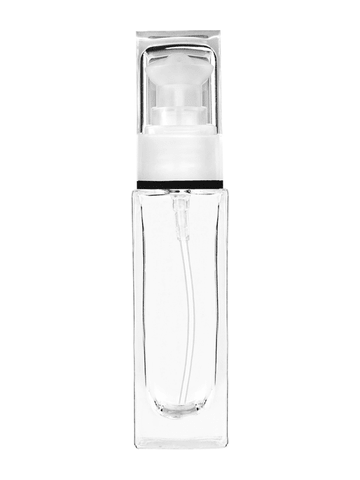 Sleek design 30 ml, 1oz  clear glass bottle  with white rectangular with clear over the cap.