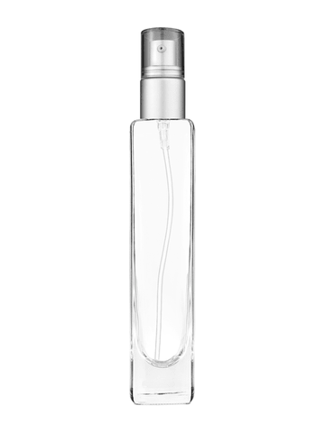 Slim design 100 ml, 3 1/2oz  Clear glass bottle with  with a matte silver collar treatment pump and frosted overcap.