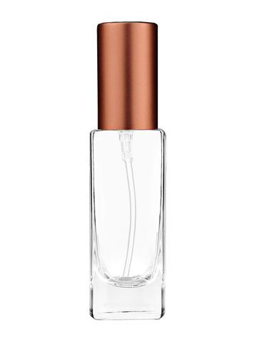 Slim design 30 ml, 1oz  clear glass bottle  with matte copper lotion pump.