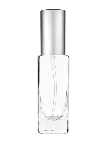 Slim design 30 ml, 1oz  clear glass bottle  with matte silver lotion pump.