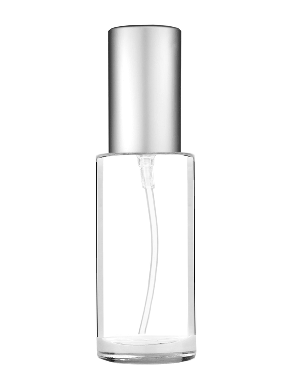 Cylinder design 25ml clear glass bottle  with matte silver lotion pump.