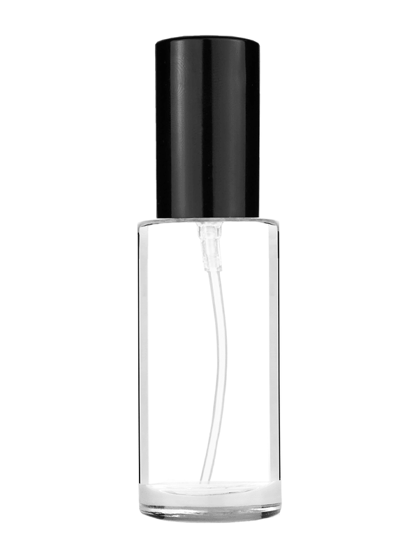 Cylinder design 25ml  clear glass bottle  with shiny black lotion pump.