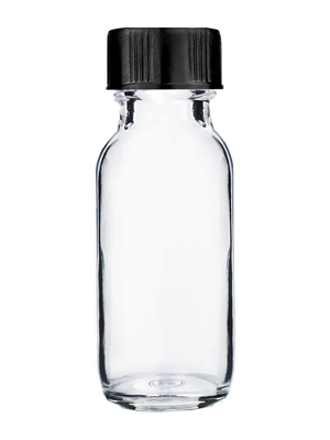 Boston round design 15ml, 1/2 oz  Clear glass bottle with short black cap.