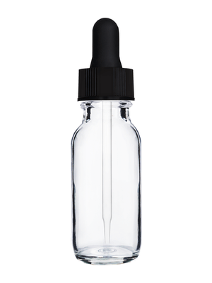 Boston round design 15ml, 1/2 oz  Clear glass bottle with a black dropper.