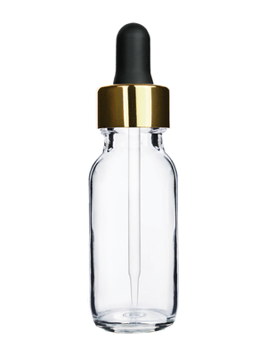Boston round design 15ml, 1/2 oz  Clear glass bottle with a black dropper and a shiny gold trim cap.